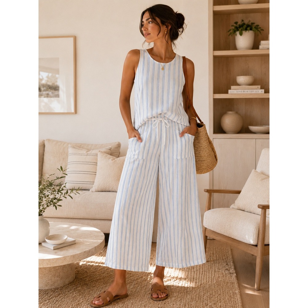 Daydream by Berkshire Homewear Crinkle Knit Lounge Set Blue Stripe NWOT Medium